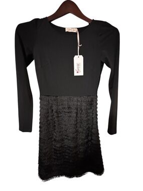 NWT Traffic People Black Long Sleeve Faux Fur Skirt Dress Size XS